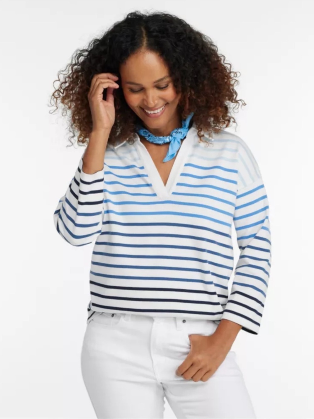 L.L Bean Striped Cotton Knit Ombre V-Neck Polo Nautical Summer Pullover